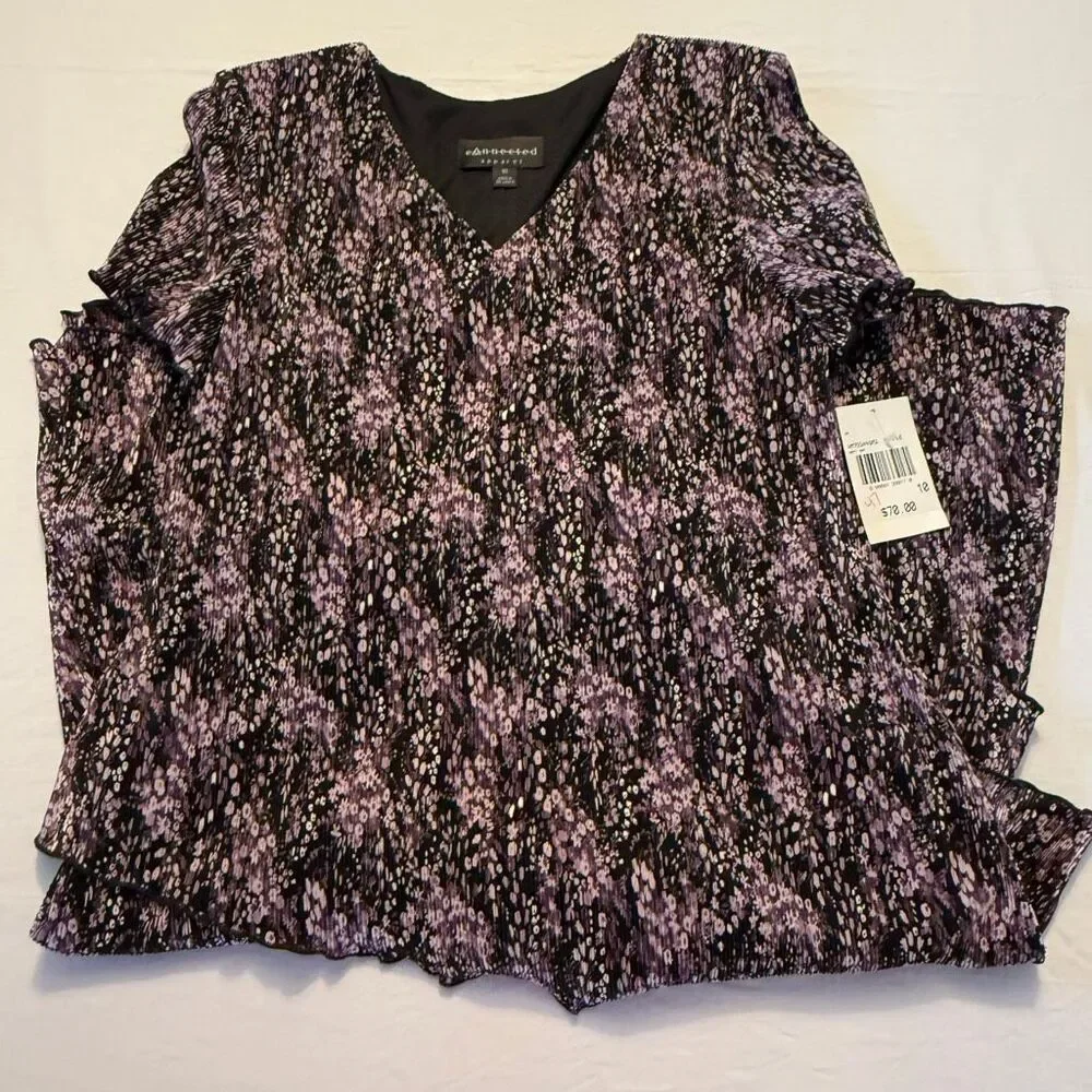 Connected Apparel Purple Abstract Tiered Dress | Pleated Midi | Size 10 NWT